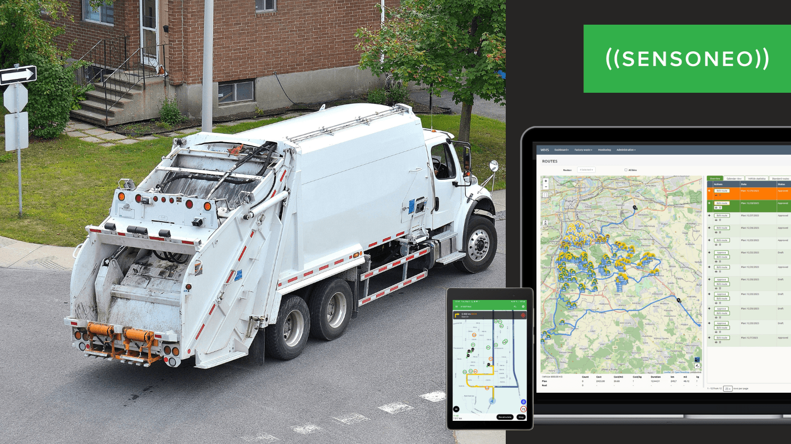 White garbage truck turning on a residential street, with route optimization software displayed on a tablet and laptop beside it.