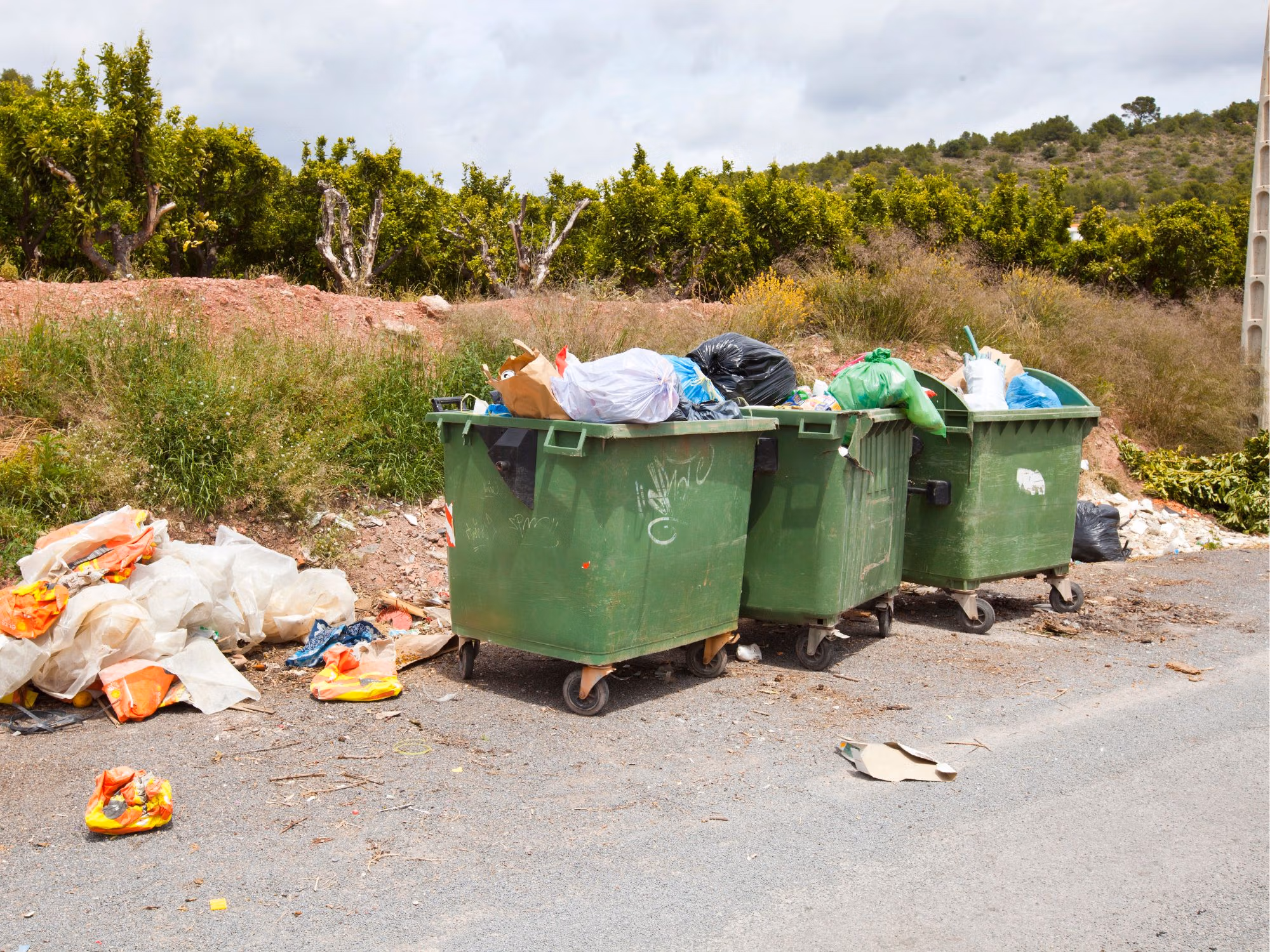 Overflowing green trash bins with scattered garbage on the ground.