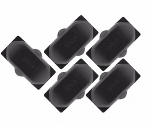 Five identical compact black sensor devices each with a smooth rounded top and a subtle wireless-signal icon.