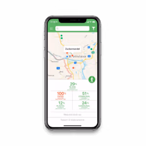 A mobile app displaying a map of Bratislava with waste data for various categories.