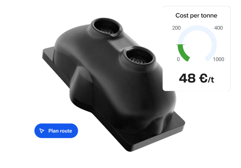  A sensor with a cost per tonne indicator of 48 €/t and a "Plan route" button.