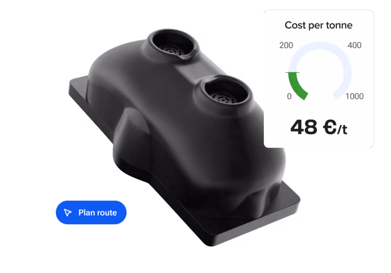  A sensor with a cost per tonne indicator of 48 €/t and a "Plan route" button.
