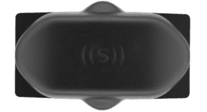 A top-down view of an ultrasonic sensor with the ((S)) logo on it.
