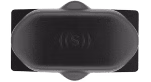 A top-down view of an ultrasonic sensor with the ((S)) logo on it.