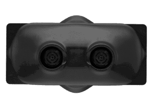 A top-down view of a black waste management sensor.