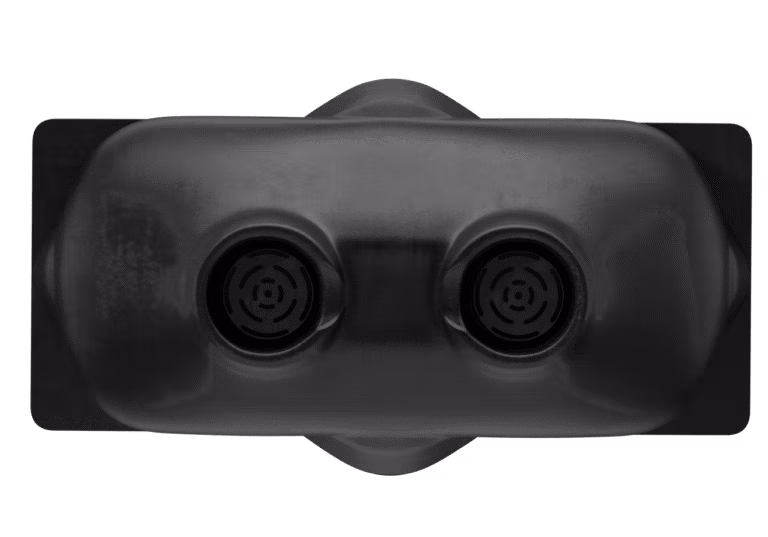 A top-down view of a black waste management sensor.