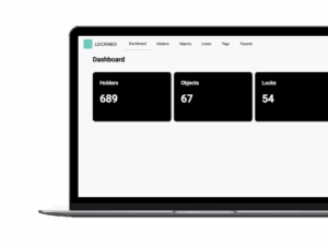 Laptop screen showing a dashboard with counts of holders, objects, and locks.
