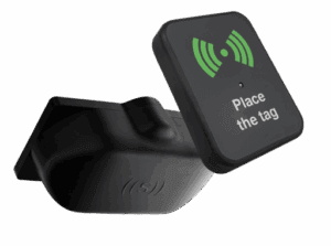 Compact sensor with a touchpoint reading “Place the tag.”
