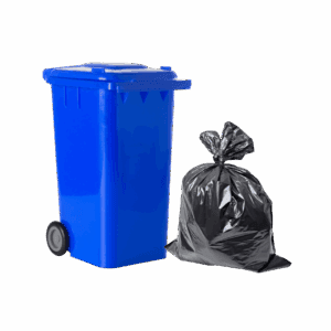 Blue wheeled trash bin beside a tied black garbage bag.