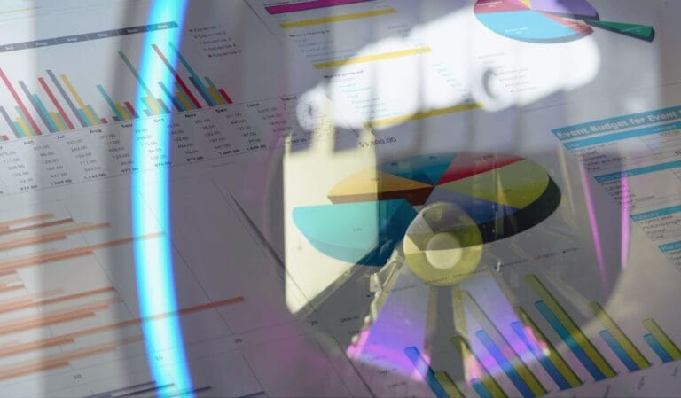 Charts and graphs overlaid with a reflective view of machinery or equipment.
