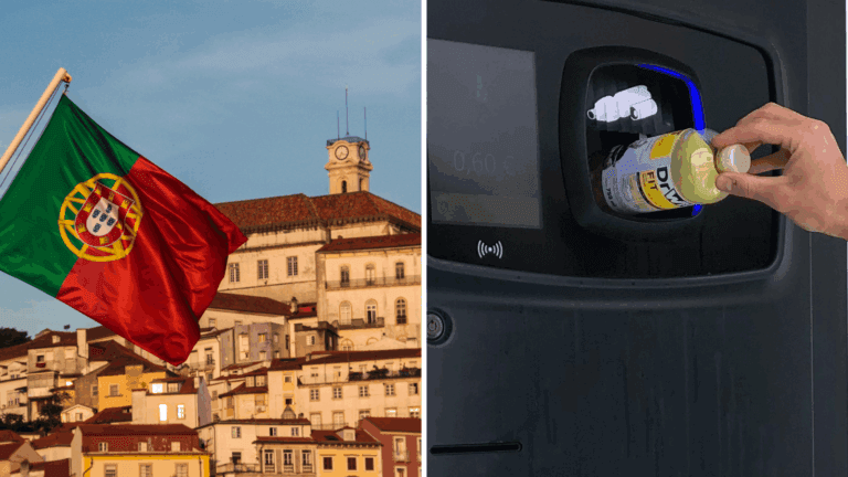 A person inserts a plastic bottle into a return machine and a portugese flag is seen left.