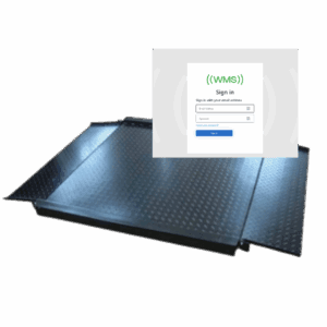 Industrial floor scale with a software login screen overlay.
