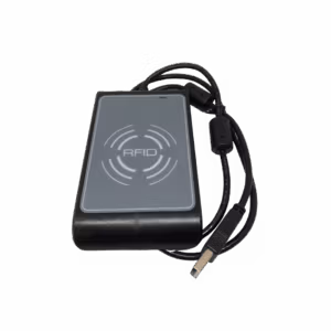 USB-connected RFID reader used to register access cards or authorize controlled bin usage.