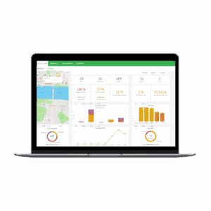 Laptop showing analytics dashboard with maps, charts, and collection statistics.
