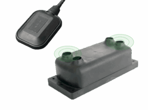 Sensor device with charging pad aligned to two marked connection points.
