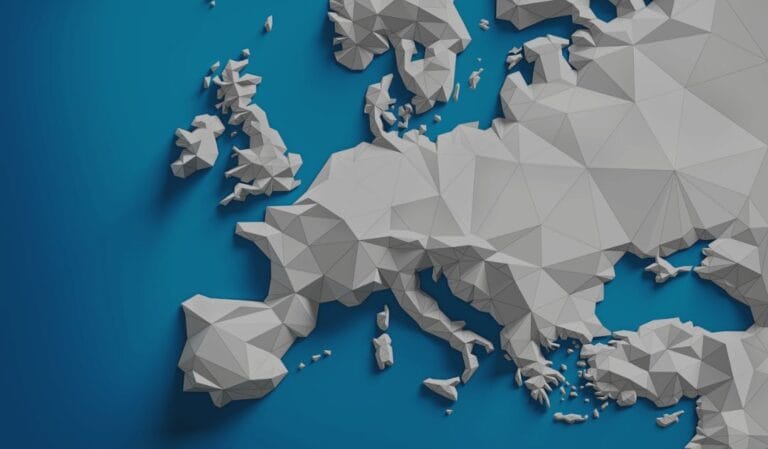 Low-poly 3D map of Europe in gray on a blue background.
