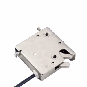 Compact metal locking mechanism used to secure access panels or waste-container lids.