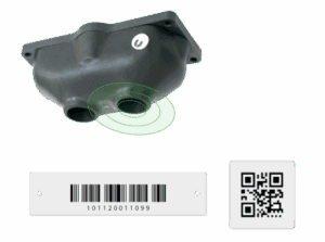 Sensor device with barcode and QR code identifiers.
