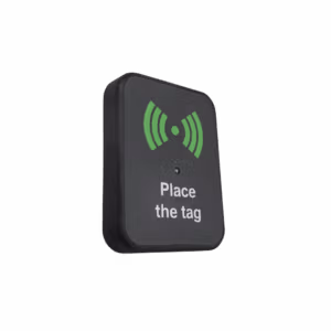 RFID reader where users tap a tag to unlock or access bins