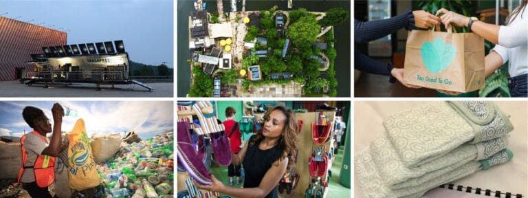 Collage of sustainability efforts: waste processing, urban greenery, food rescue, recycling, upcycling.