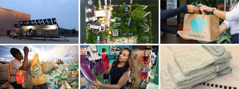 Collage of sustainability efforts: waste processing, urban greenery, food rescue, recycling, upcycling.