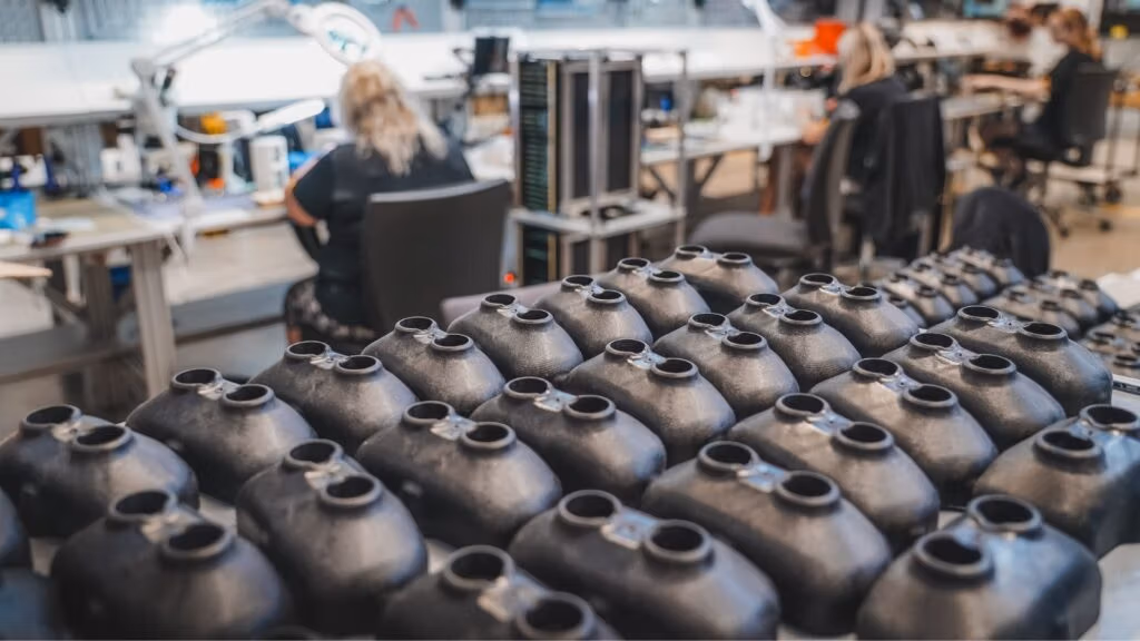 Rows of sensor housings lined up in a workshop where technicians assemble electronics.