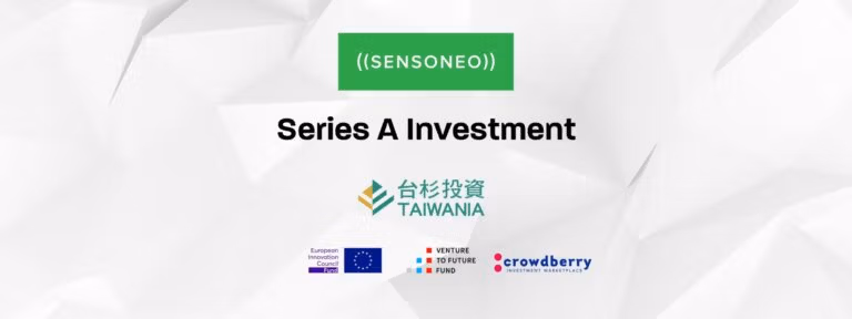 A clean graphic shows the Sensoneo logo and “Series A Investment” with investor logos below.
