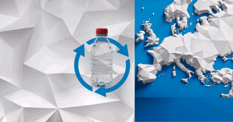 Plastic bottle with recycling arrows next to a stylized map of Europe.