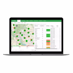 Laptop screen showing a waste-management dashboard with map pins and bin fill levels.