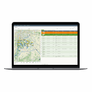 Laptop displaying route planning with a map and task list.