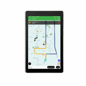 Tablet showing navigation route with bin fill-level markers on a map.
