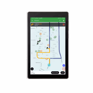 Tablet showing navigation route with bin fill-level markers on a map.