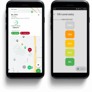 Left: Map screen showing a bin’s details and status.
Right: Screen to select and save bin fill level.
