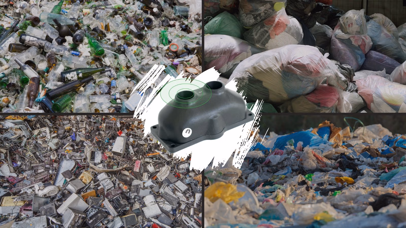 A sensor is shown over glass, electronics, clothing, and plastic waste: the top 5 streams for sensor use.