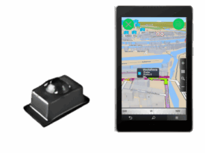 Small sensor device next to a tablet displaying a location map.
