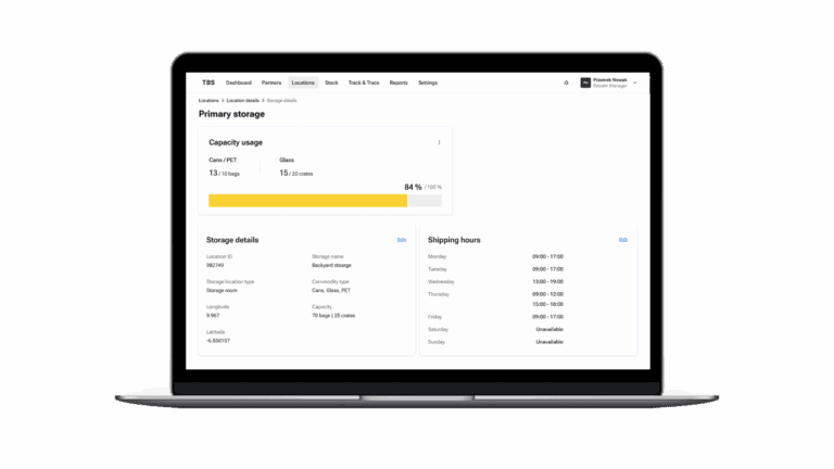 A take-back system dashboard shows storage capacity, material details, and shipping hours.