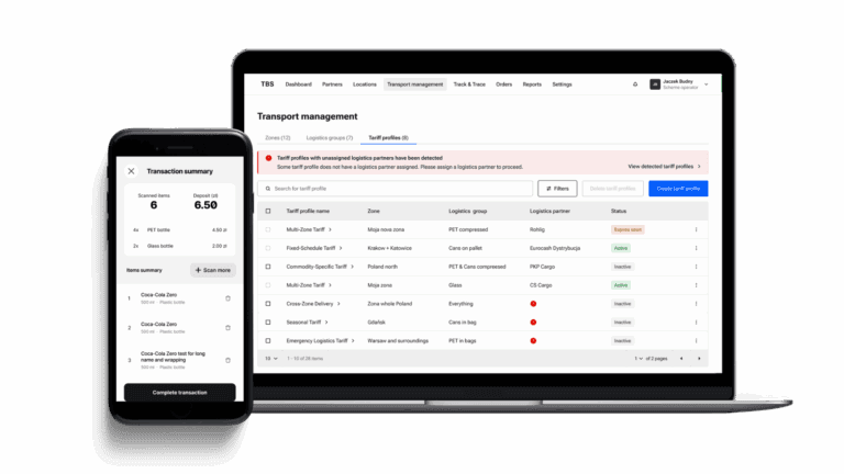 Mobile transaction summary alongside a laptop dashboard for transport and logistics management.
