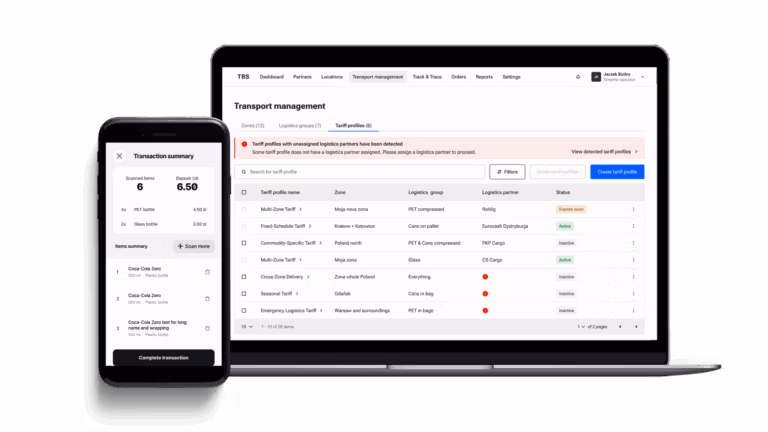 Mobile transaction summary alongside a laptop dashboard for transport and logistics management.