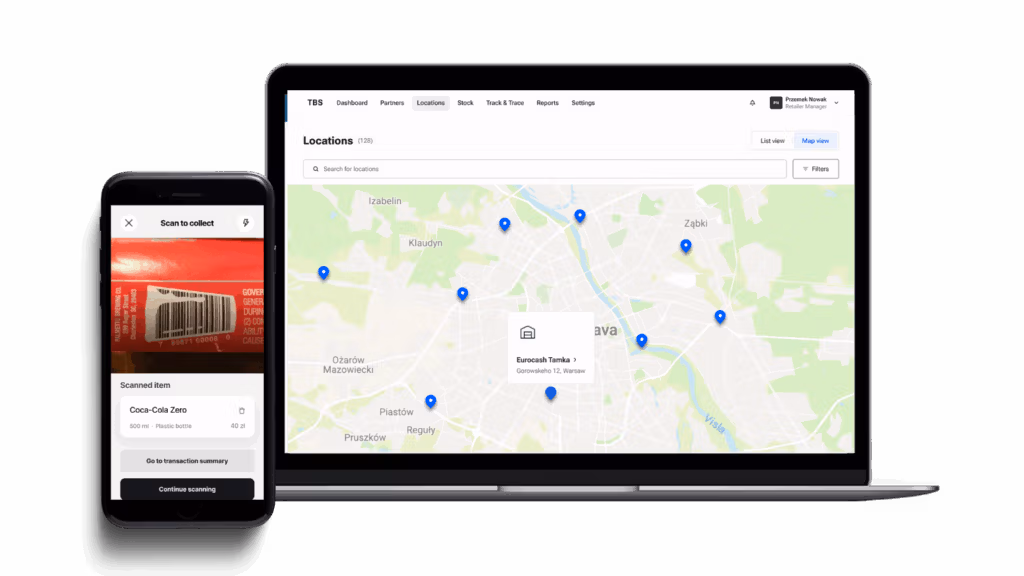 A take-back system app scans items while a dashboard maps collection locations for efficient returns.