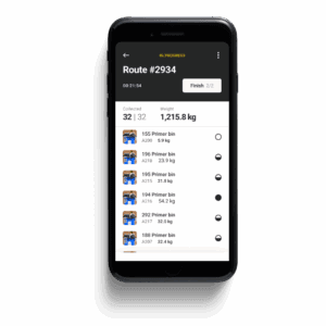Mobile app screen showing a waste collection route with bins and recorded weights.
