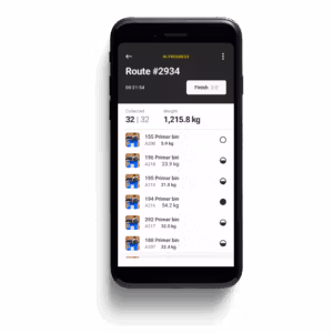 Mobile app screen showing a waste collection route with bins and recorded weights.
