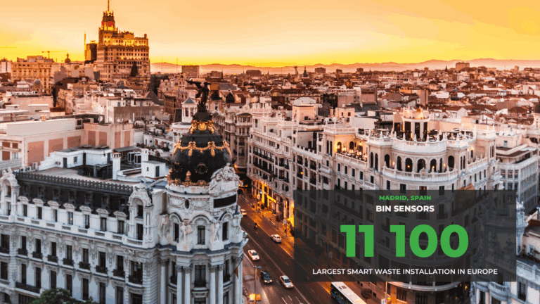 Sunset over Madrid with text highlighting a 11,100-sensor smart-waste installation.