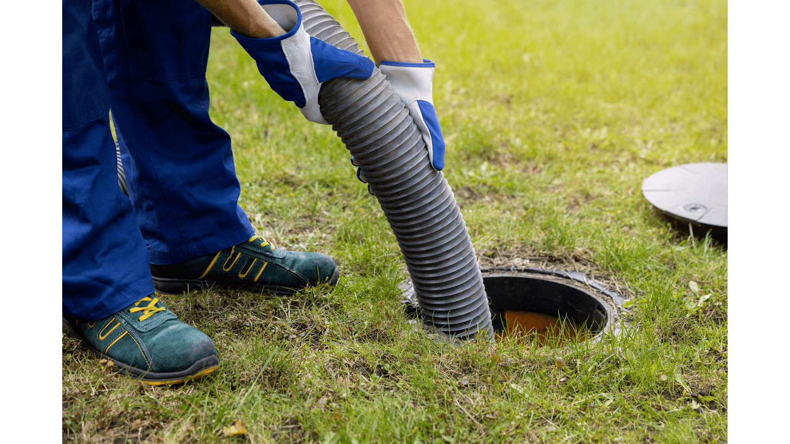 Worker inserting a vacuum hose into an underground septic tank.
