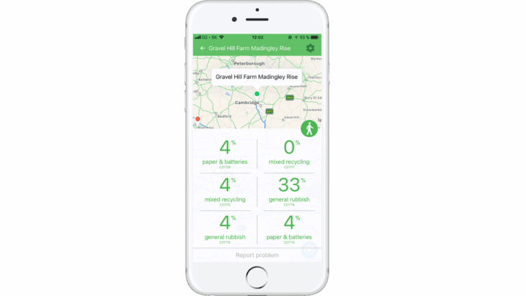 Mobile app screen showing real-time fill-level status and waste type information for nearby bins.
