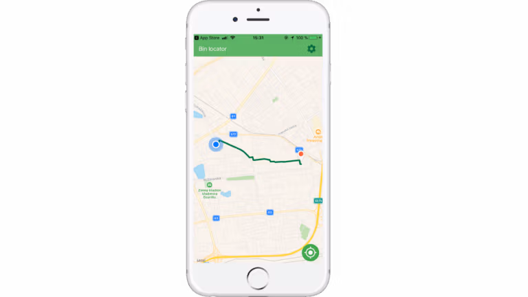 Mobile app screen showing navigation to the selected waste bin location.