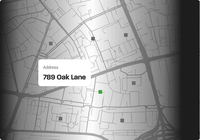 Map view showing an address marker at 789 Oak Lane.
