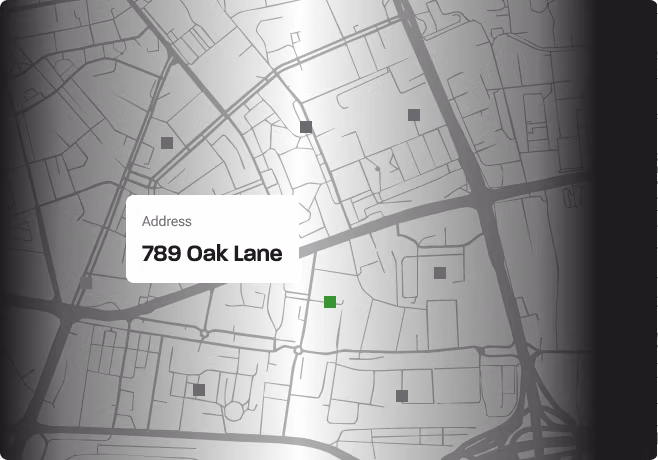 Map view showing an address marker at 789 Oak Lane.