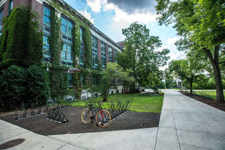 A quiet, green campus area with ivy-covered buildings and empty bike racks.