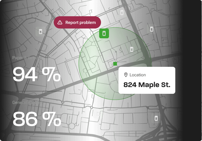 Bin-monitoring dashboard showing fill percentages and location.
