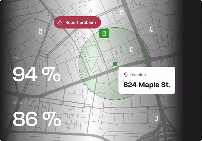 Bin-monitoring dashboard showing fill percentages and location.
